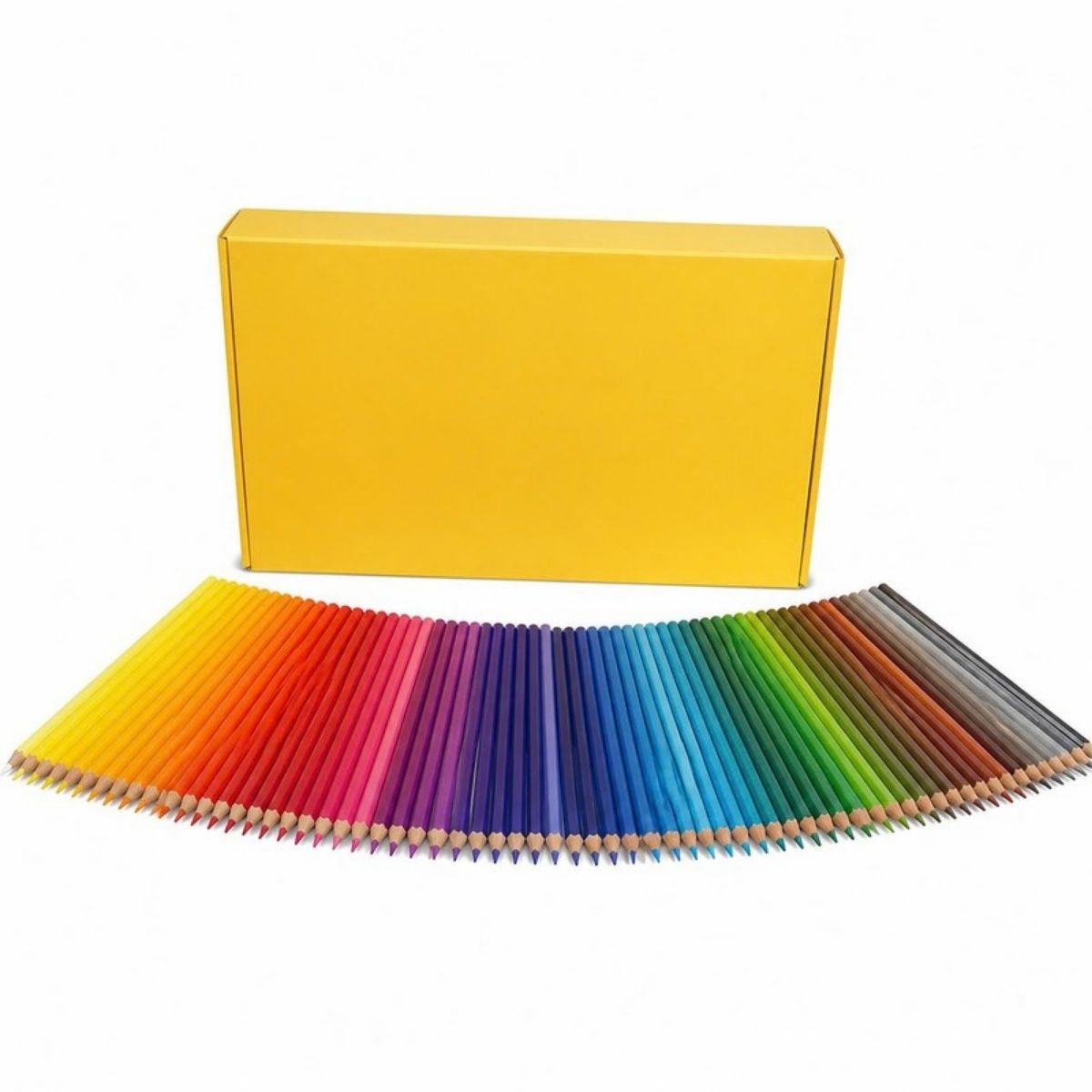 Rainbow fan of colored pencils in front of a yellow box