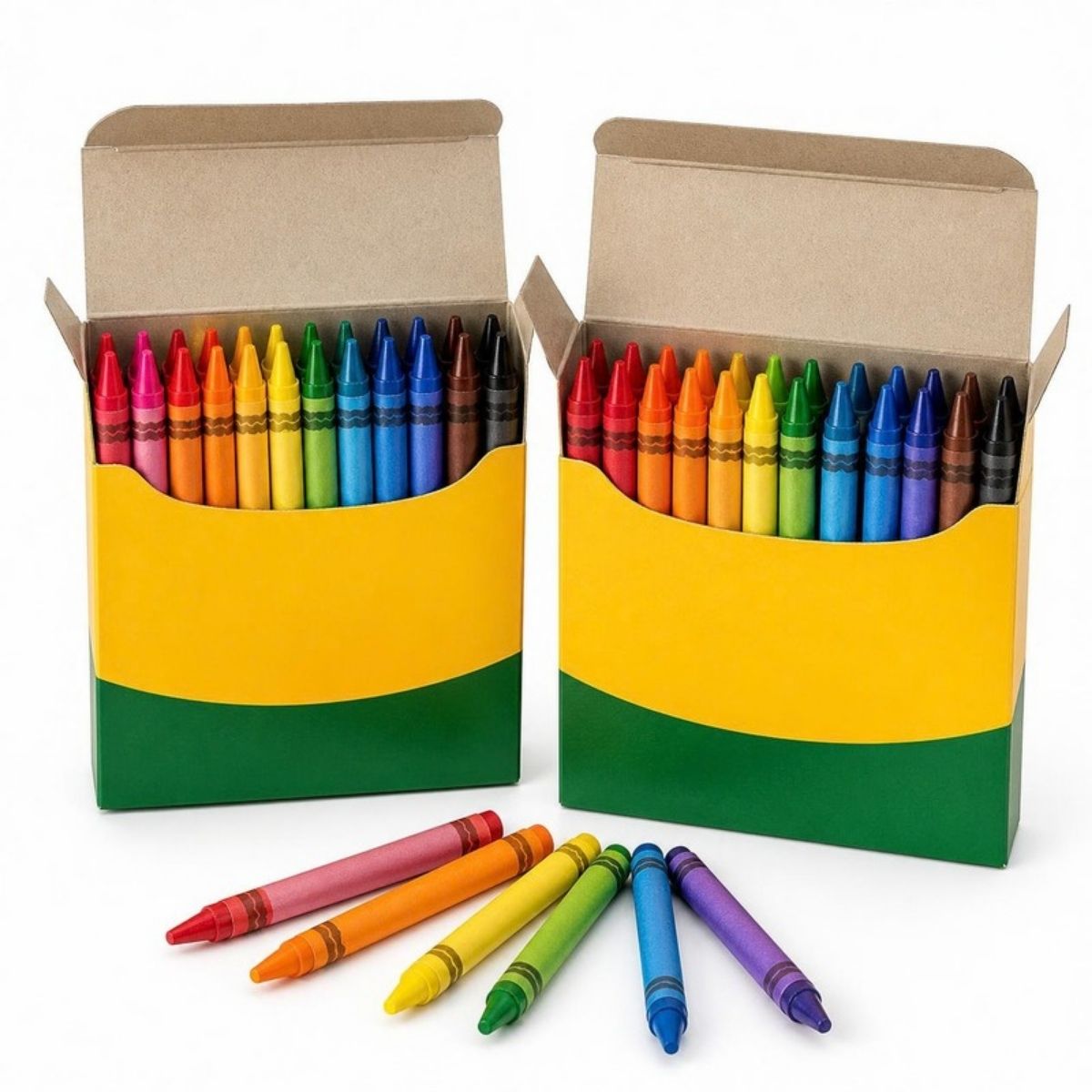 Two yellow and green boxes of crayons with crayons spread in front