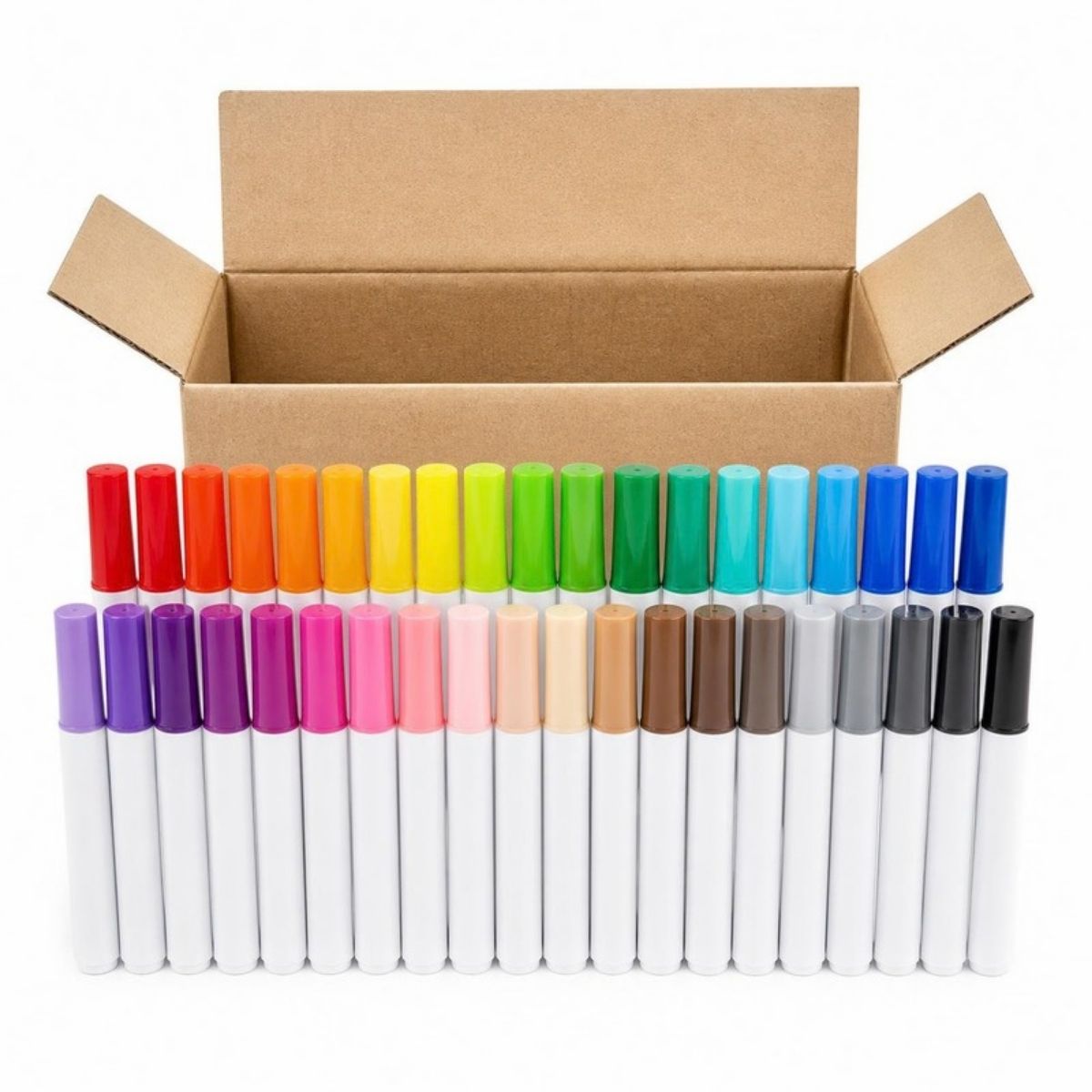 Rows of washable markers in rainbow colors in front of a box