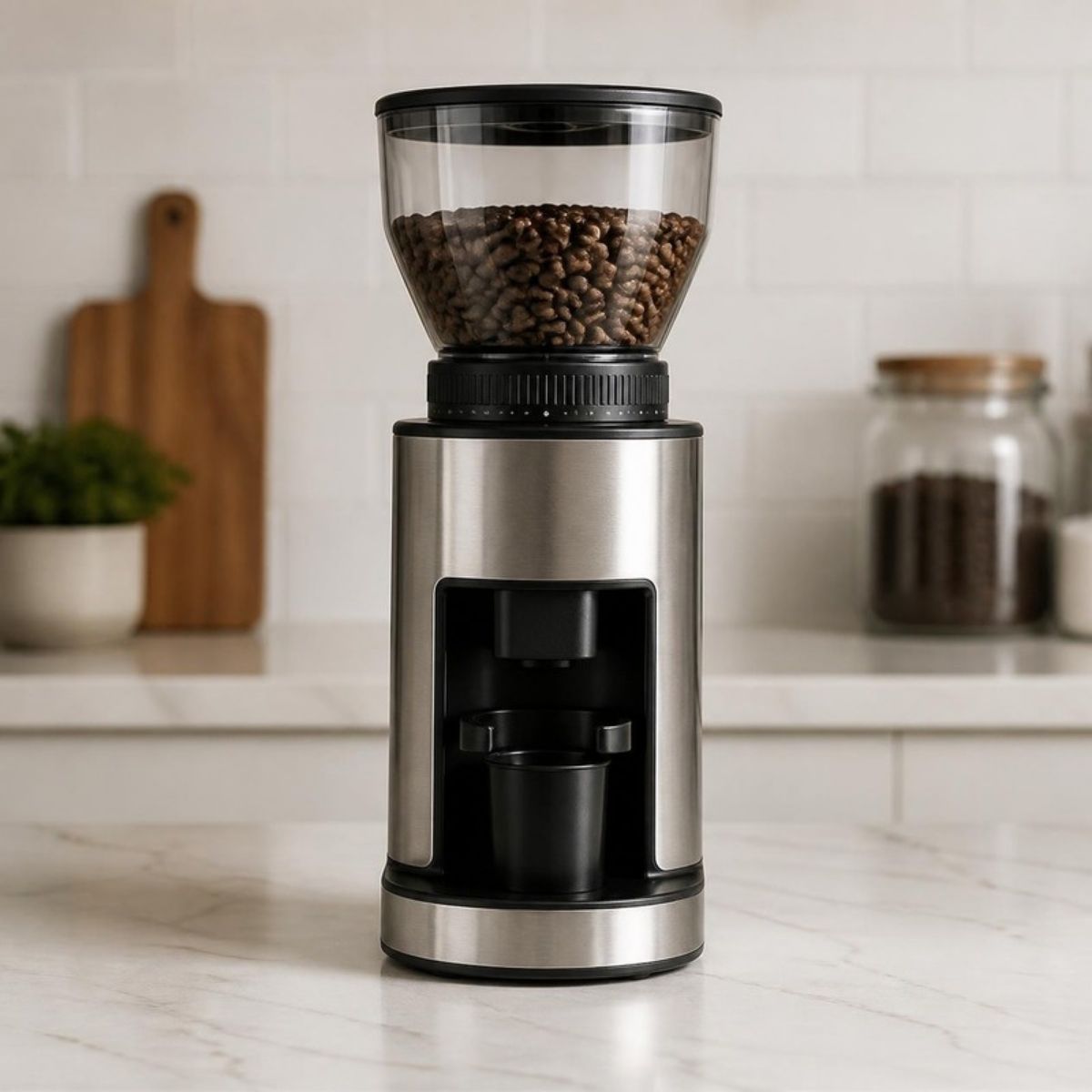 Silver and black burr coffee grinder with a clear bean hopper on top