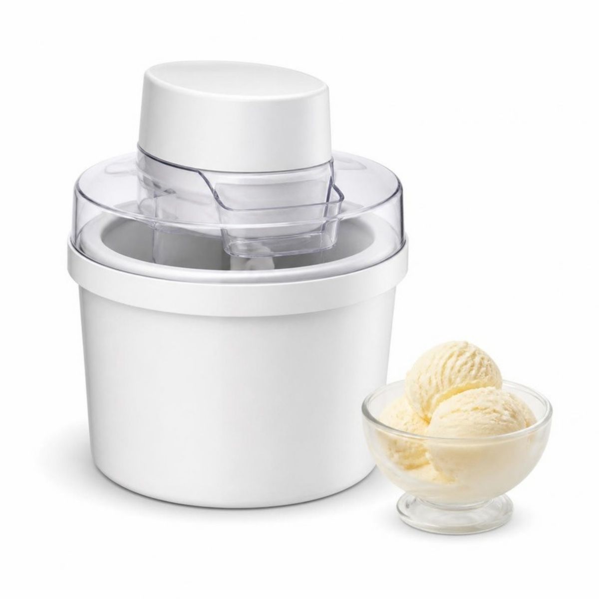 White ice cream maker with a clear lid next to a bowl of vanilla ice cream