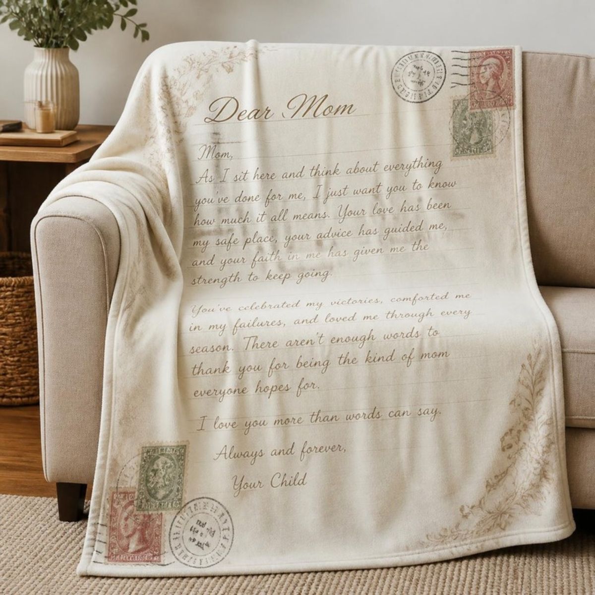 Throw blanket printed like a vintage letter to Mom with stamps