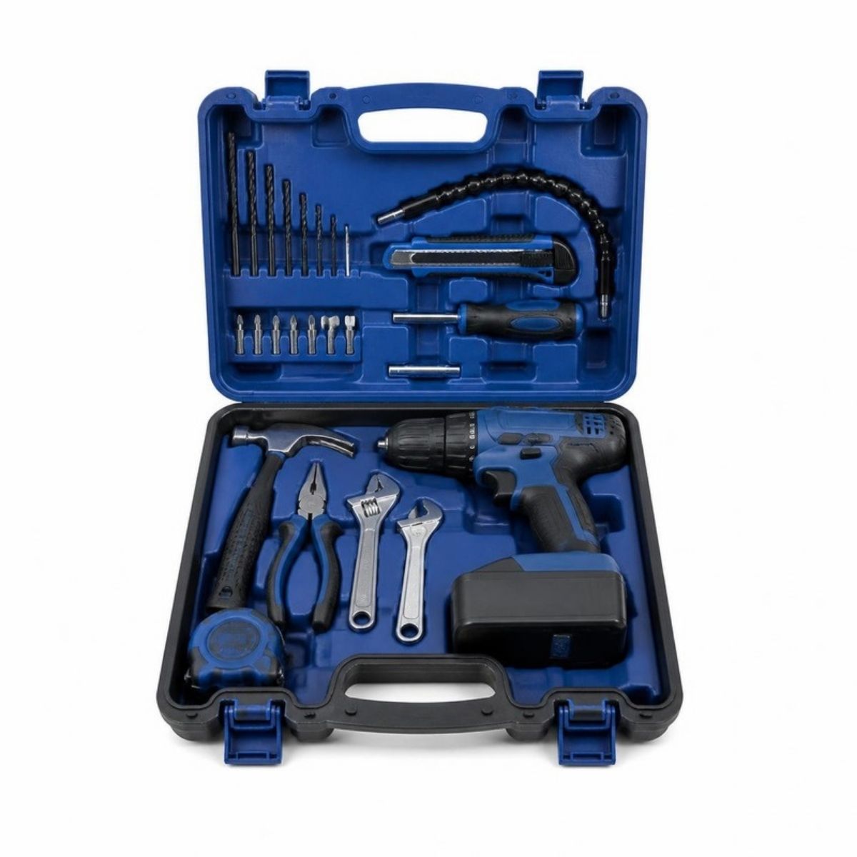 Blue cordless drill and hand tools in an open blue and black case