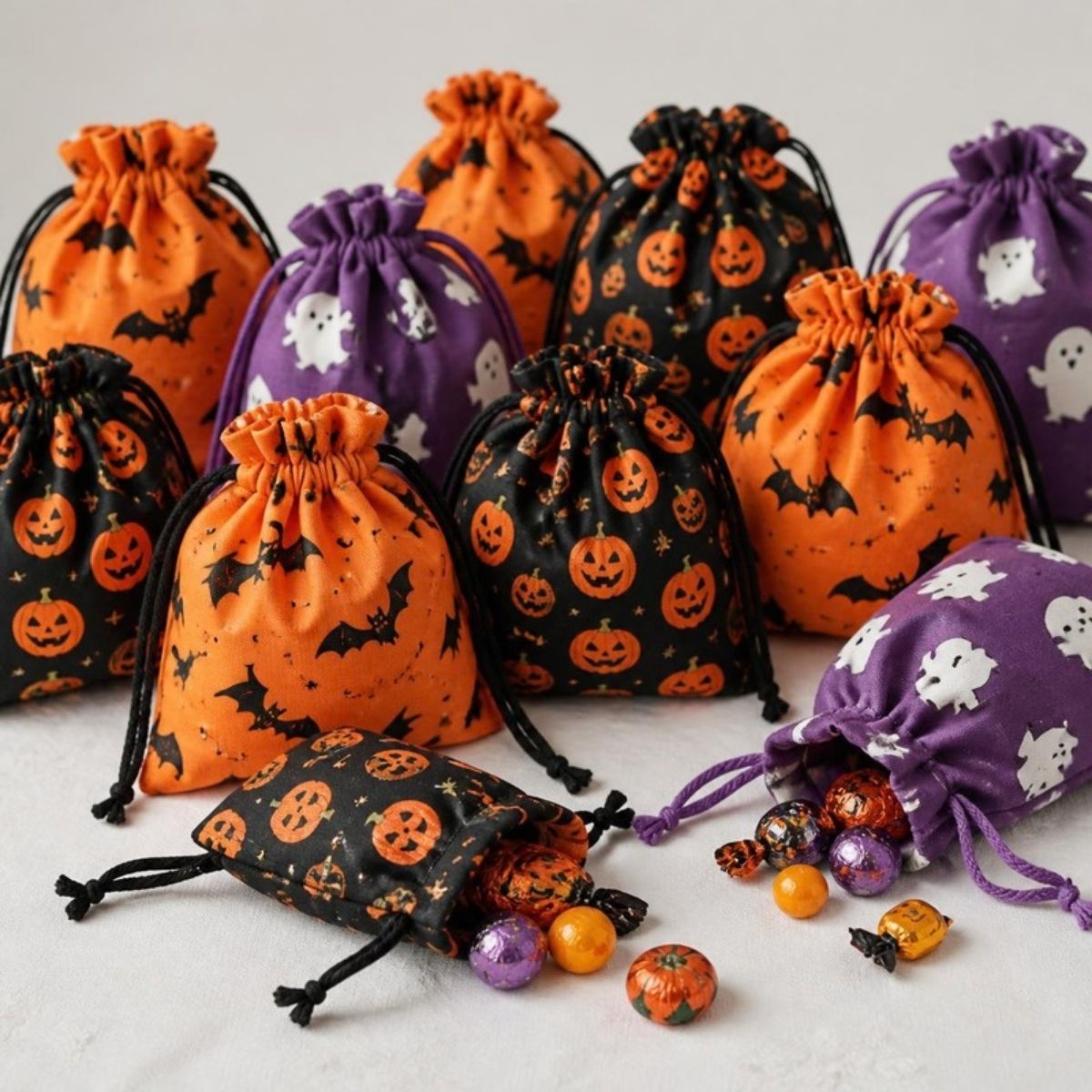 Orange, black and purple Halloween drawstring goody bags with candy spilling out