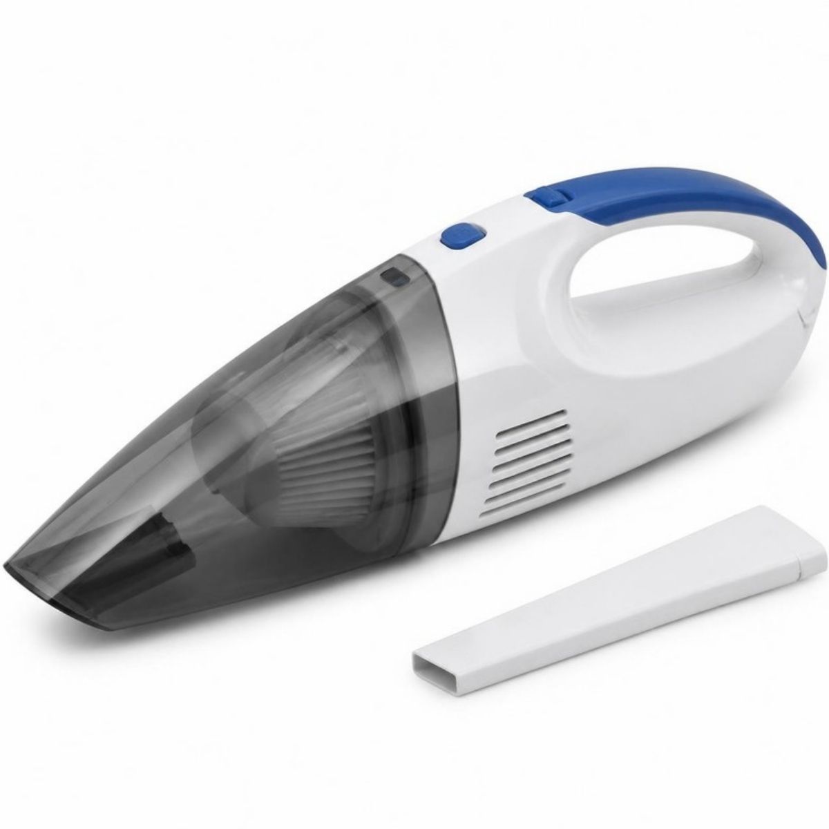 White handheld vacuum with a blue handle and a smoky-gray dust bowl, with a crevice tool