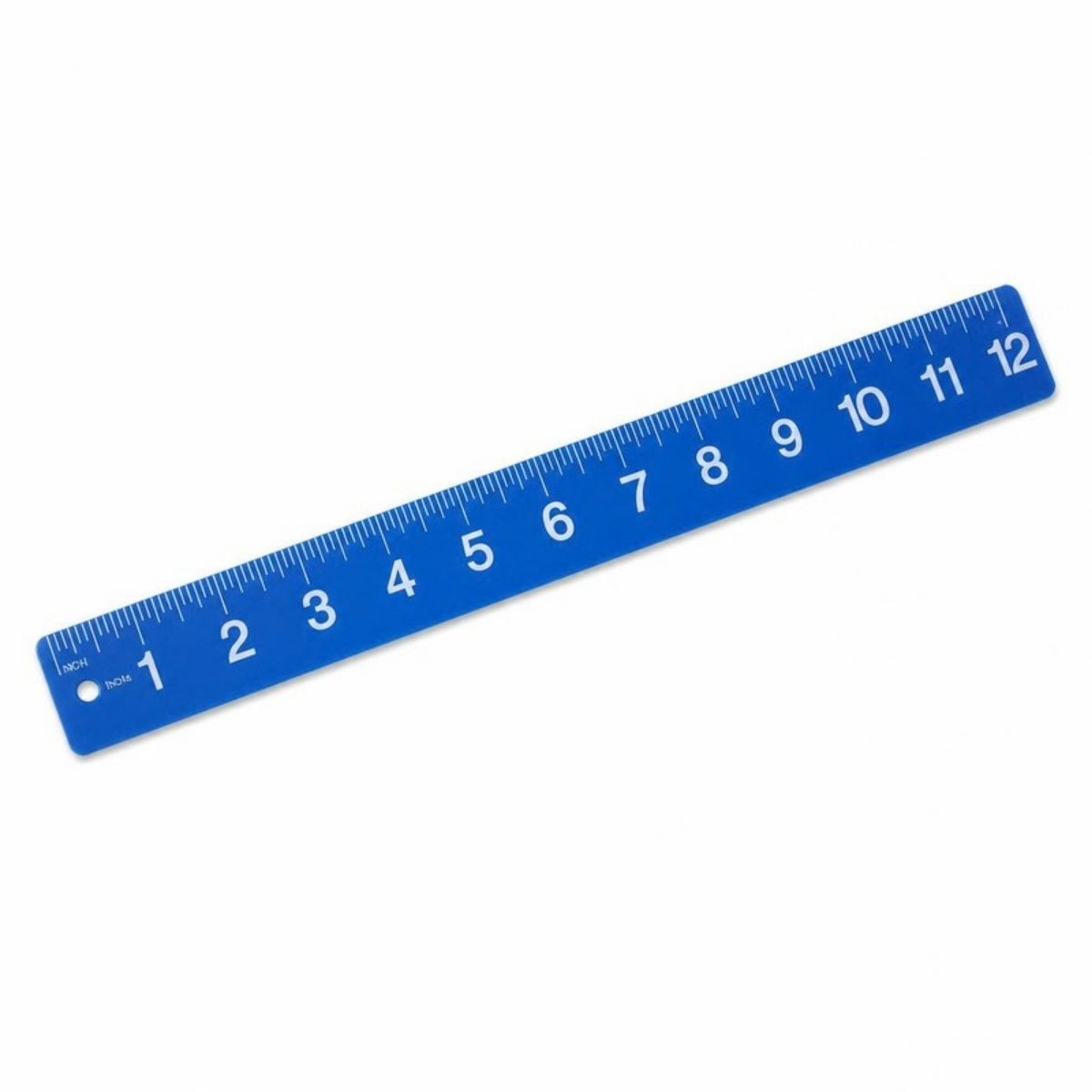 Blue 12 inch plastic ruler with large white numbers