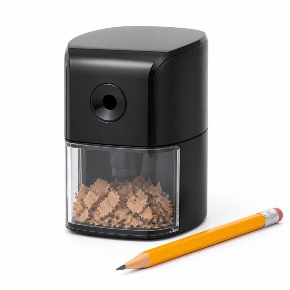 Black electric pencil sharpener with a clear shavings bin and a yellow pencil