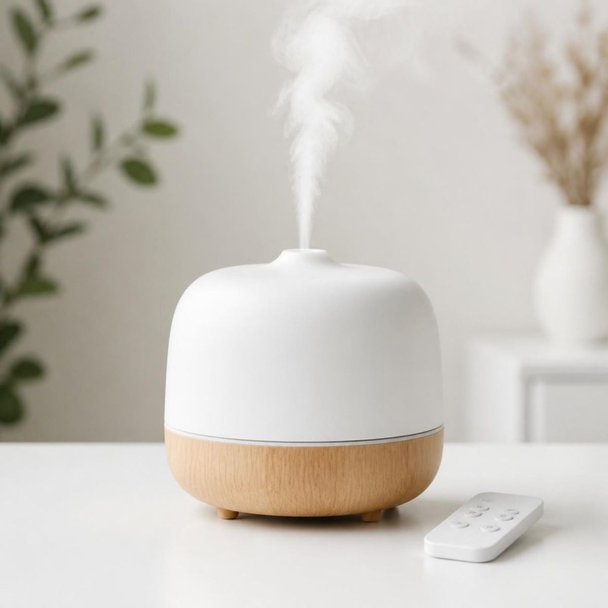 White and wood grain essential oil diffuser with a remote