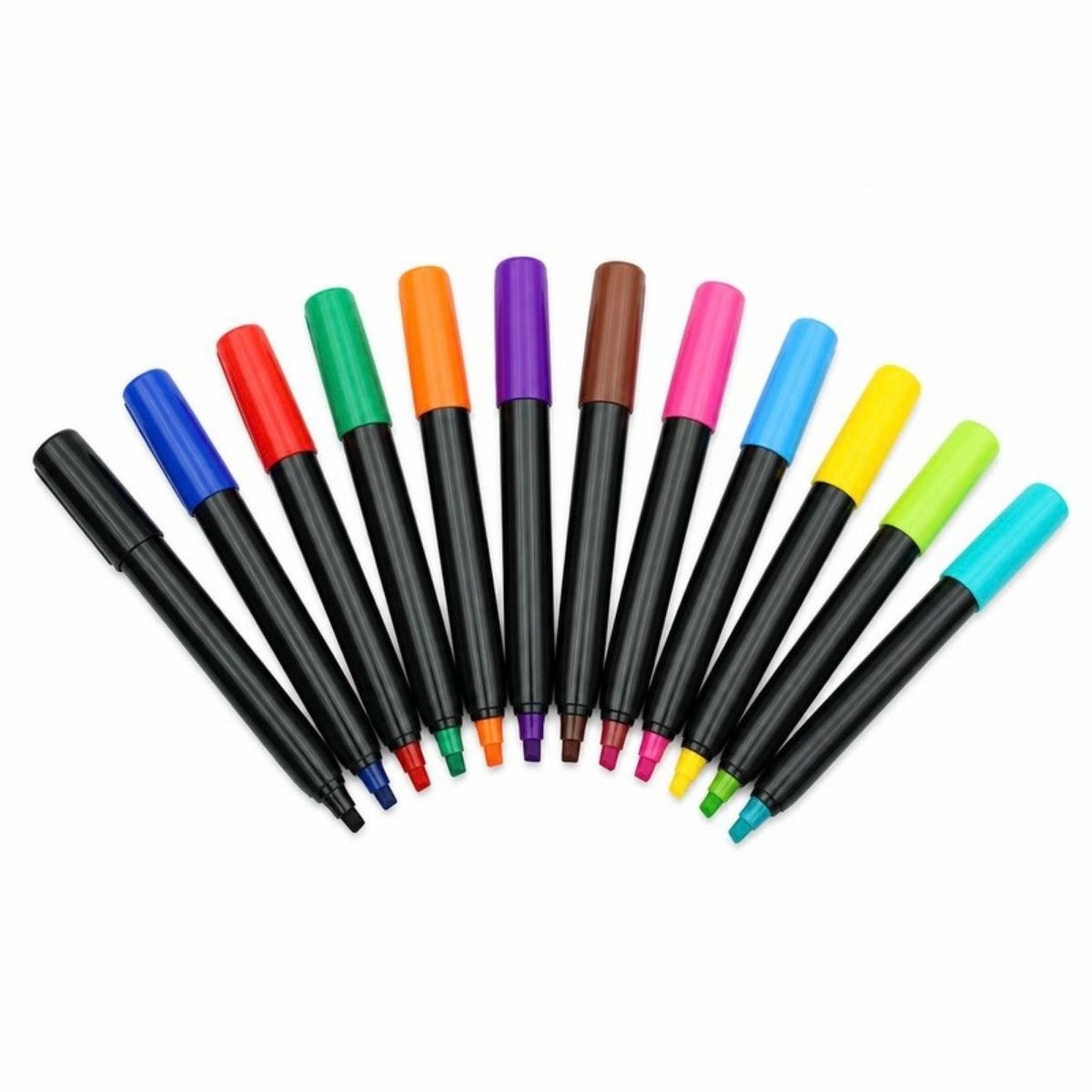 Twelve dry erase markers with black barrels and colorful caps
