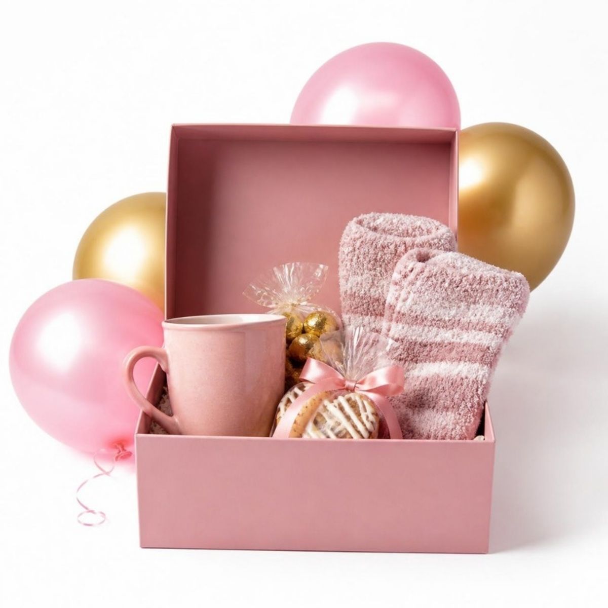 Pink gift box with a mug, socks and treats with balloons
