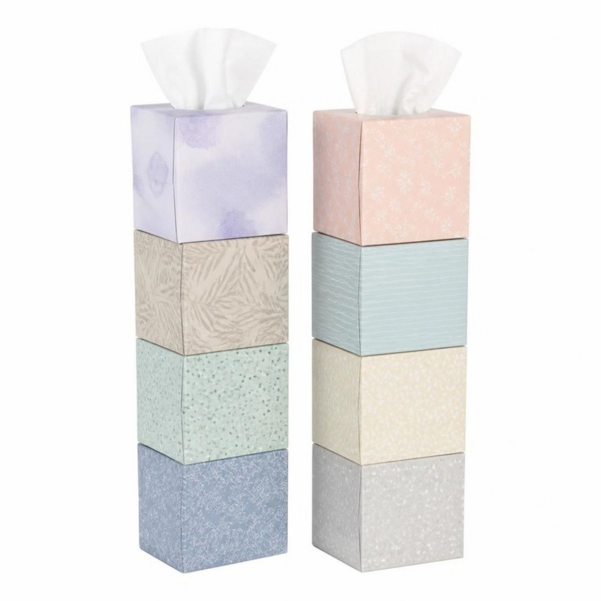 Two stacks of four pastel tissue boxes with tissues popping out of the top