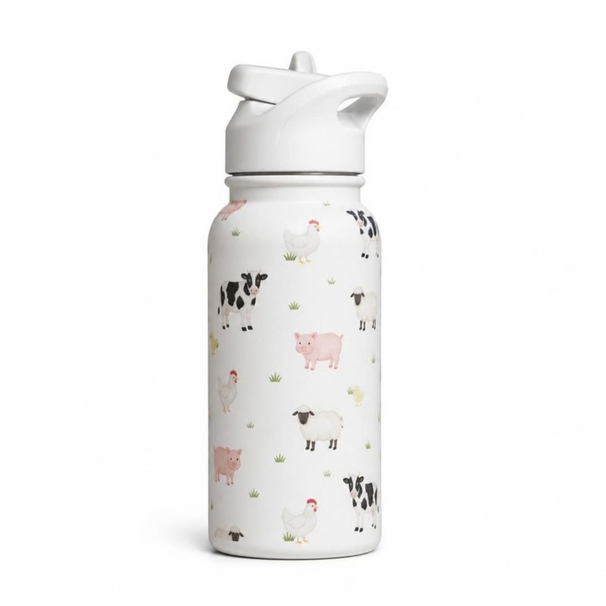 White kids bottle with a straw lid, printed with cows, pigs, sheep and chickens