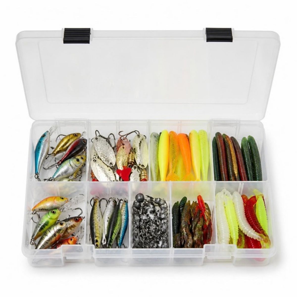 Clear tackle box full of colorful fishing lures, hooks and spoons