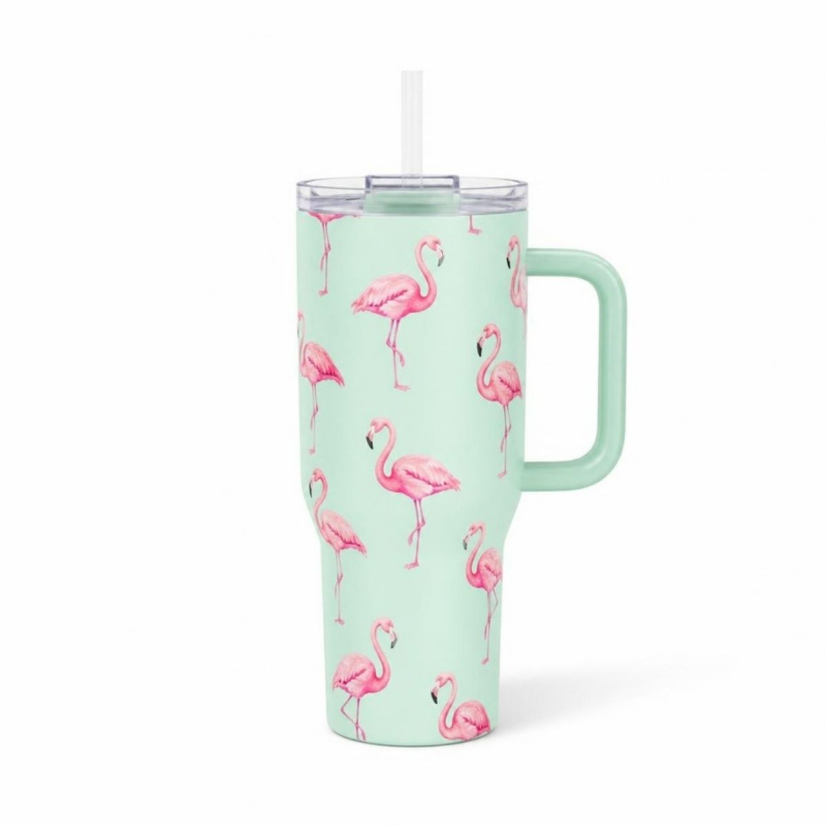 Mint green tumbler with a handle and straw, covered in pink flamingos