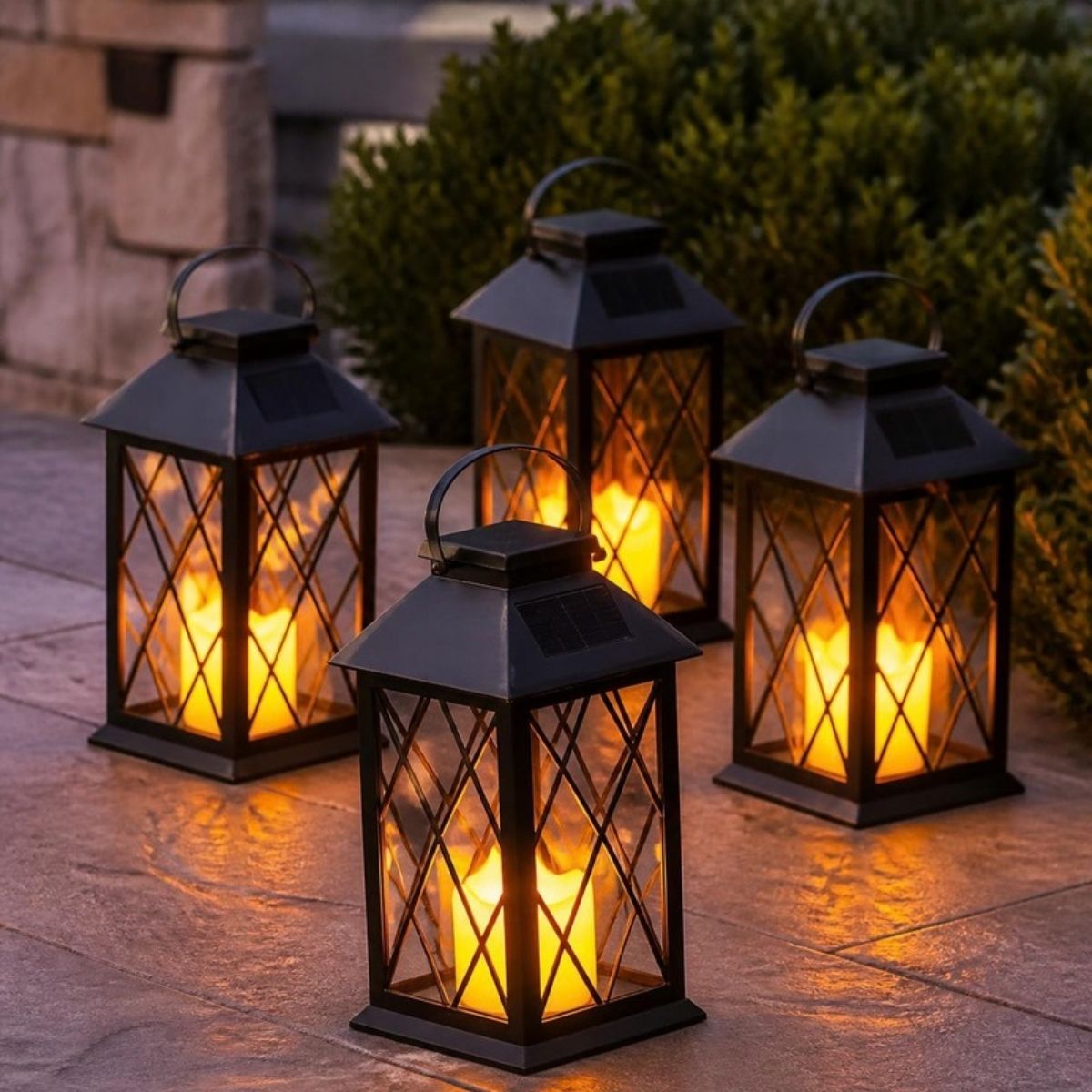 Four black lanterns glowing with flickering flame lights on a patio