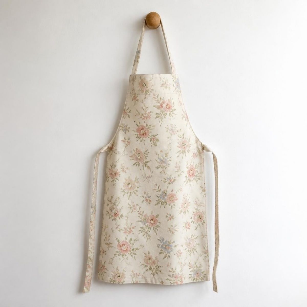 Cream cotton apron with a soft floral print