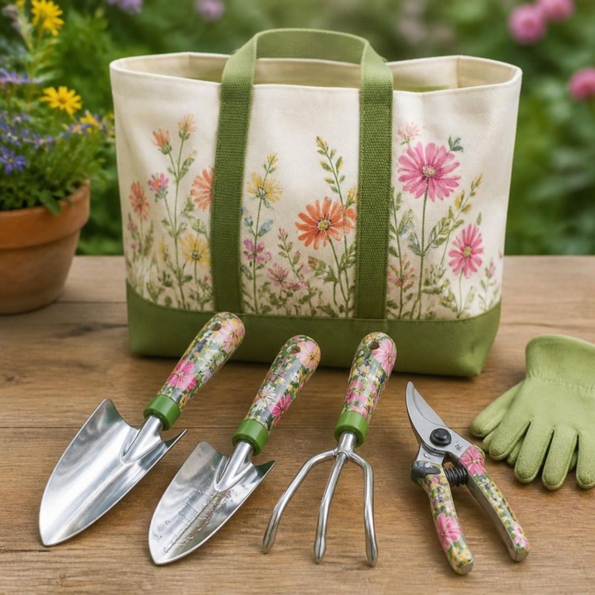 Garden hand tools with green floral handles and a matching tote bag