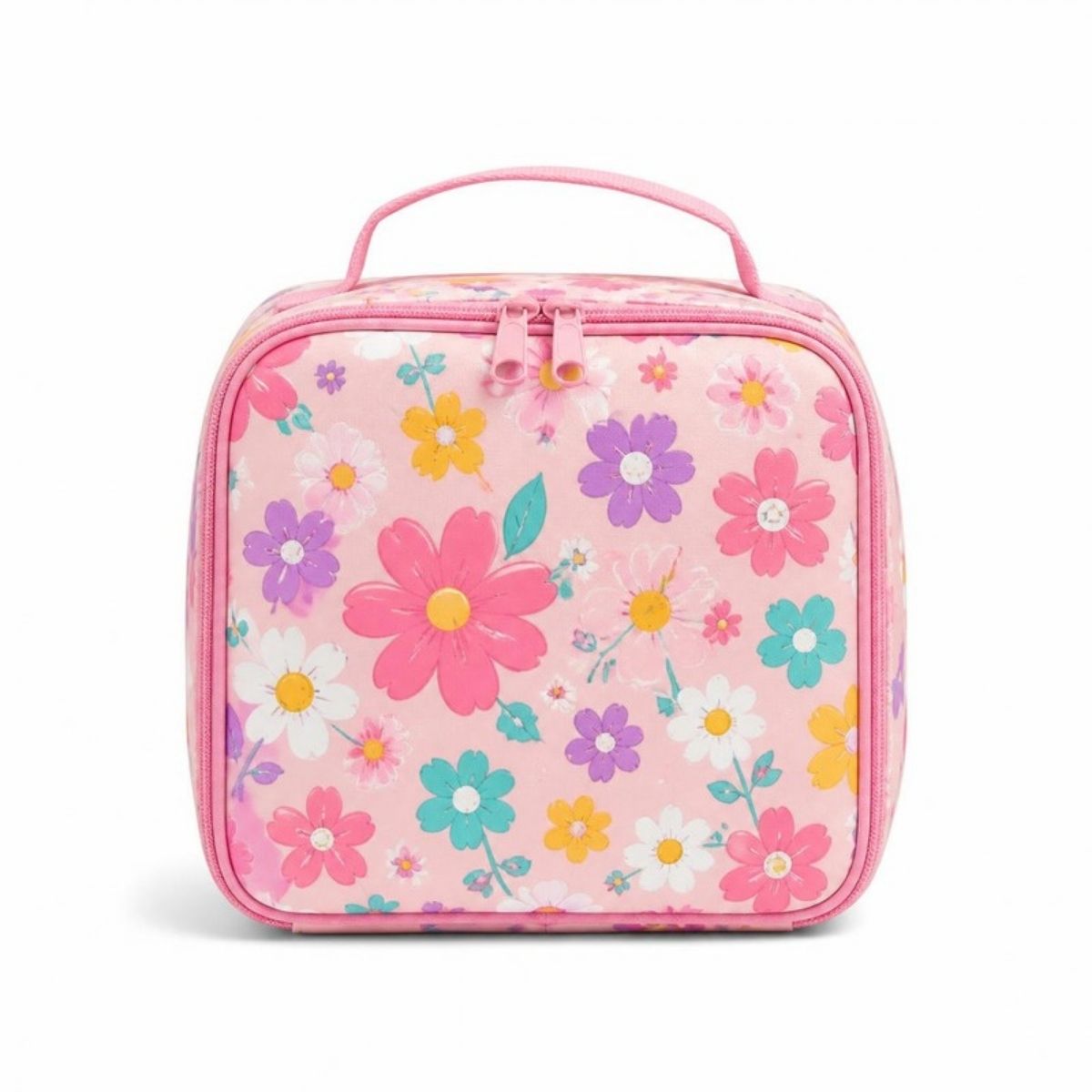 Pink lunch bag covered in colorful flowers with a top handle