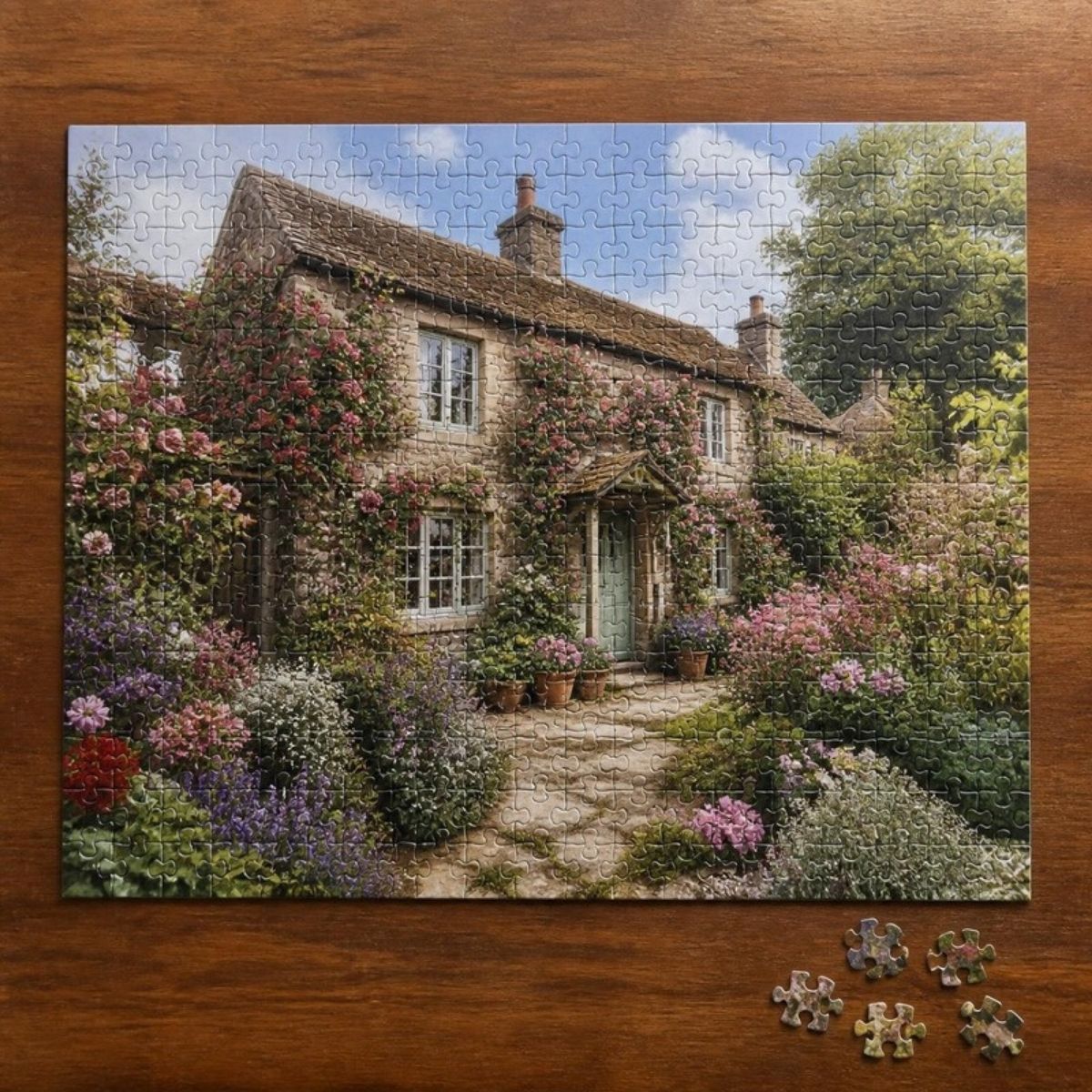 Puzzle picture of a garden cottage covered in colorful flowers