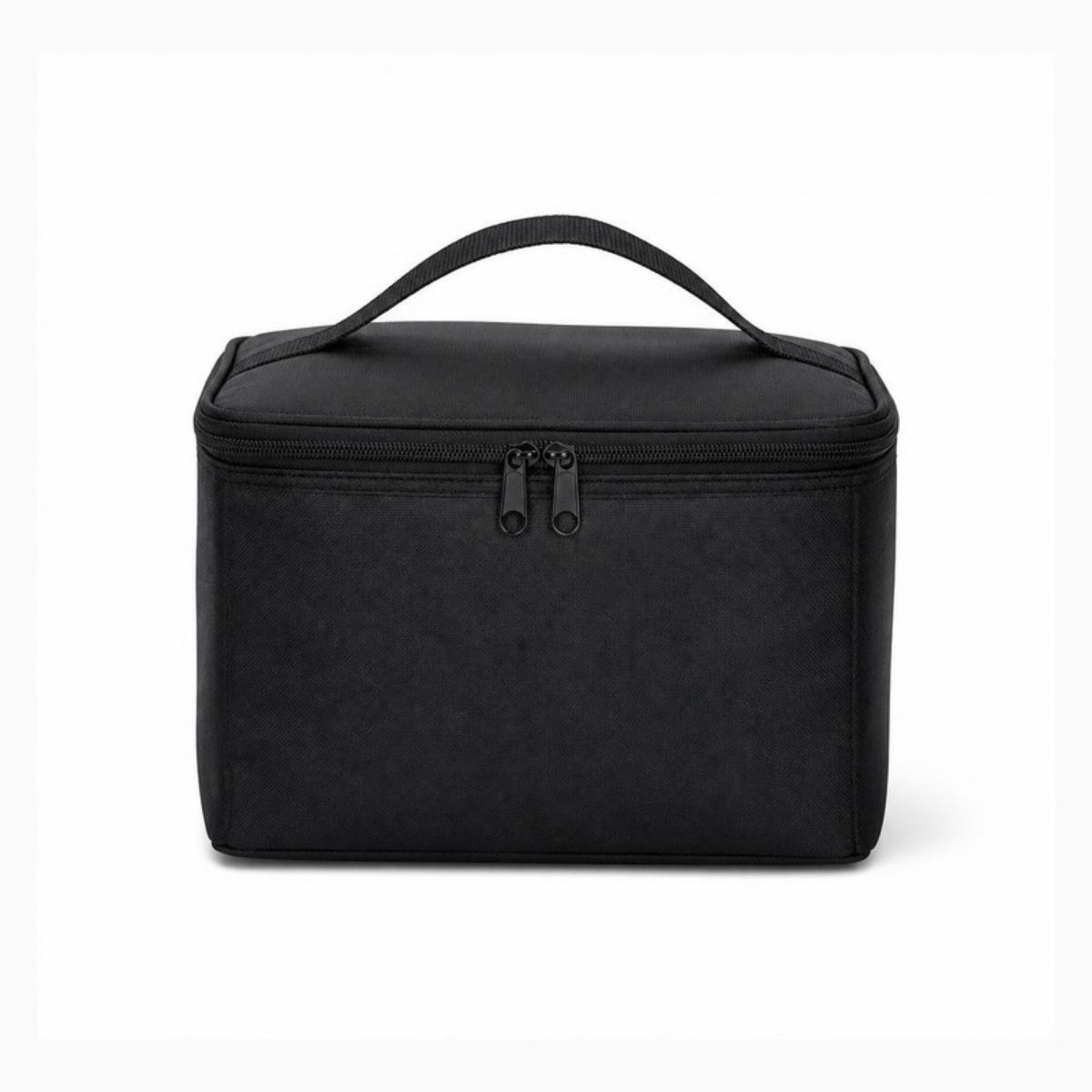 Black insulated lunch bag with a zipper and top handle