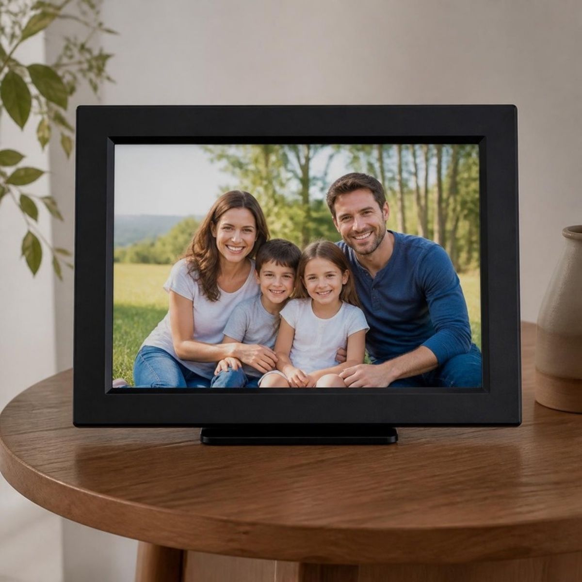 Black digital photo frame showing a family photo