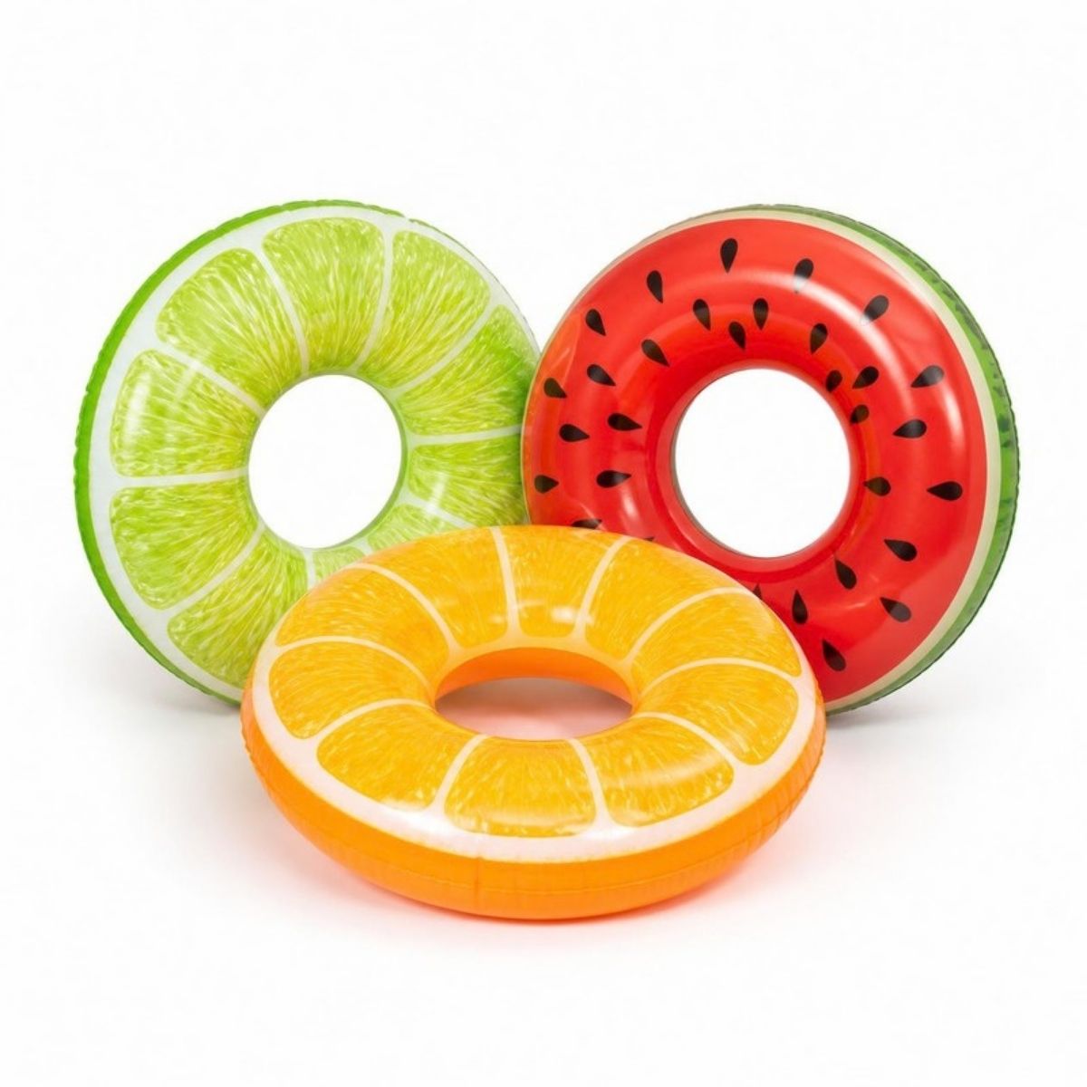 Three swim rings that look like lime, watermelon and orange slices