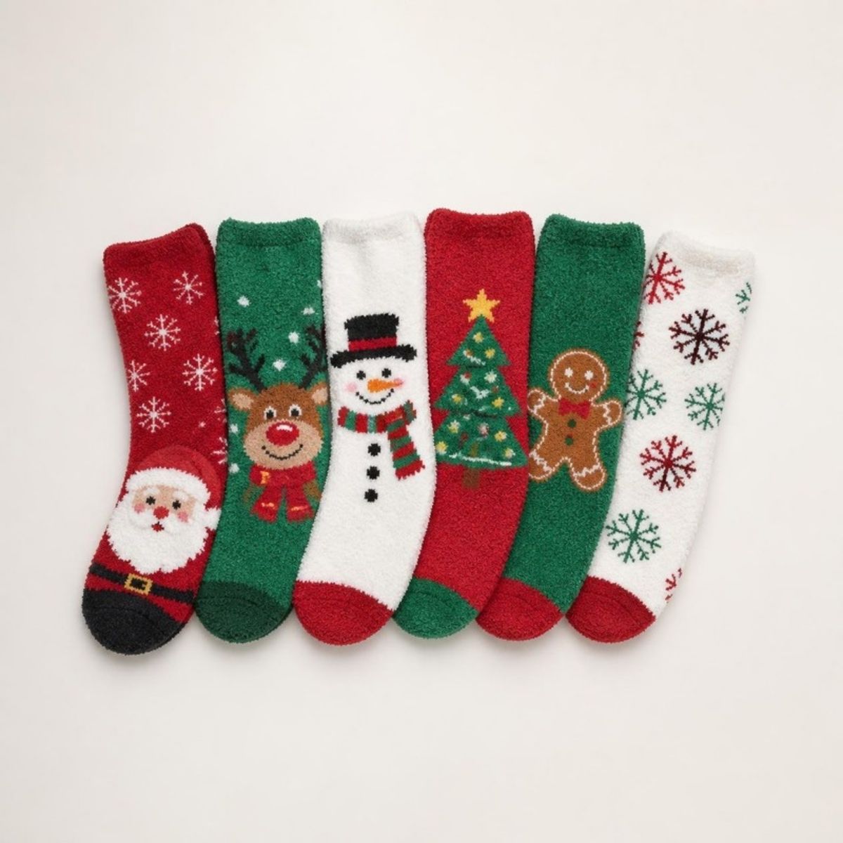 Six fuzzy Christmas socks with Santa, reindeer, snowman, tree, gingerbread and snowflake designs