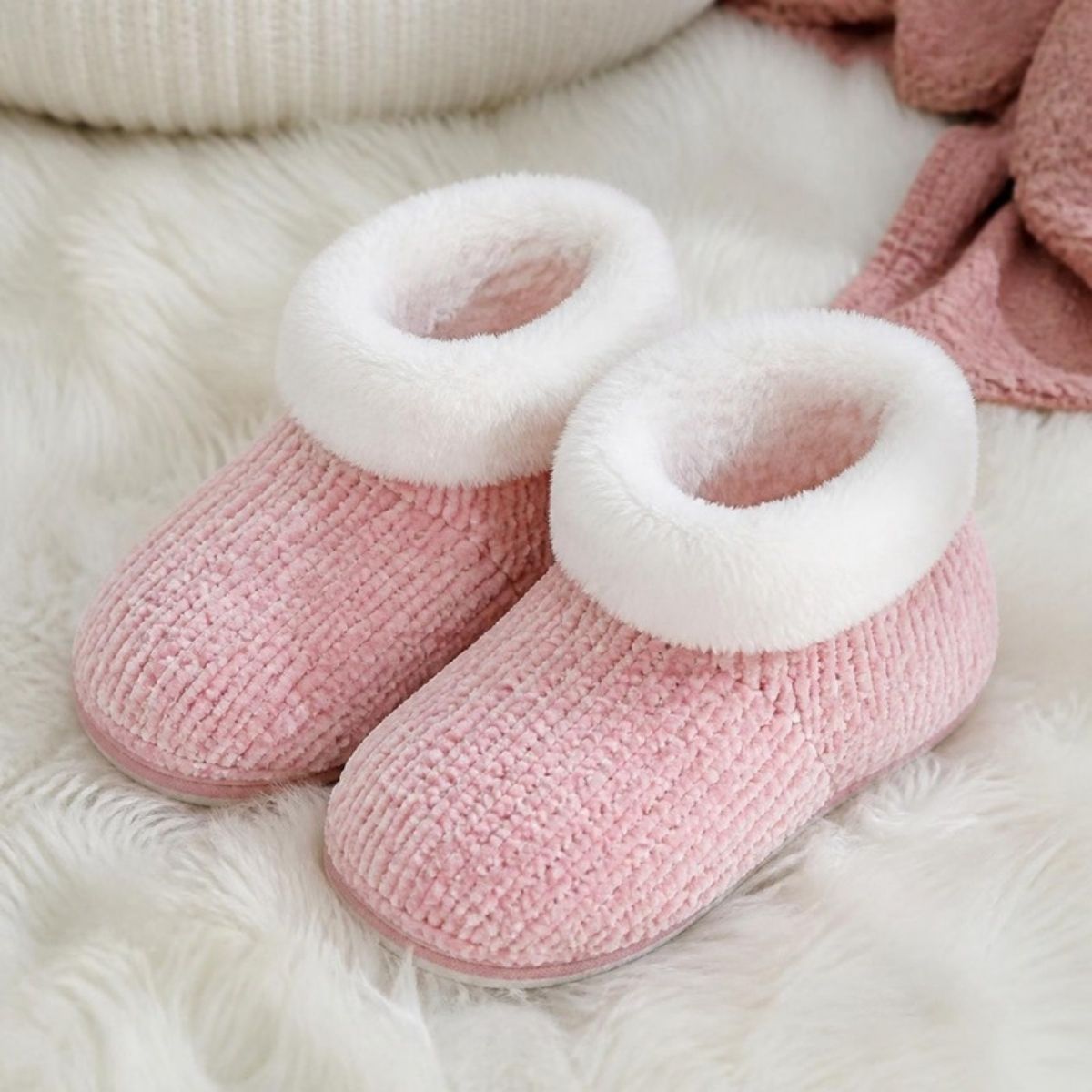 Pink chenille knit slippers with fuzzy cuffs