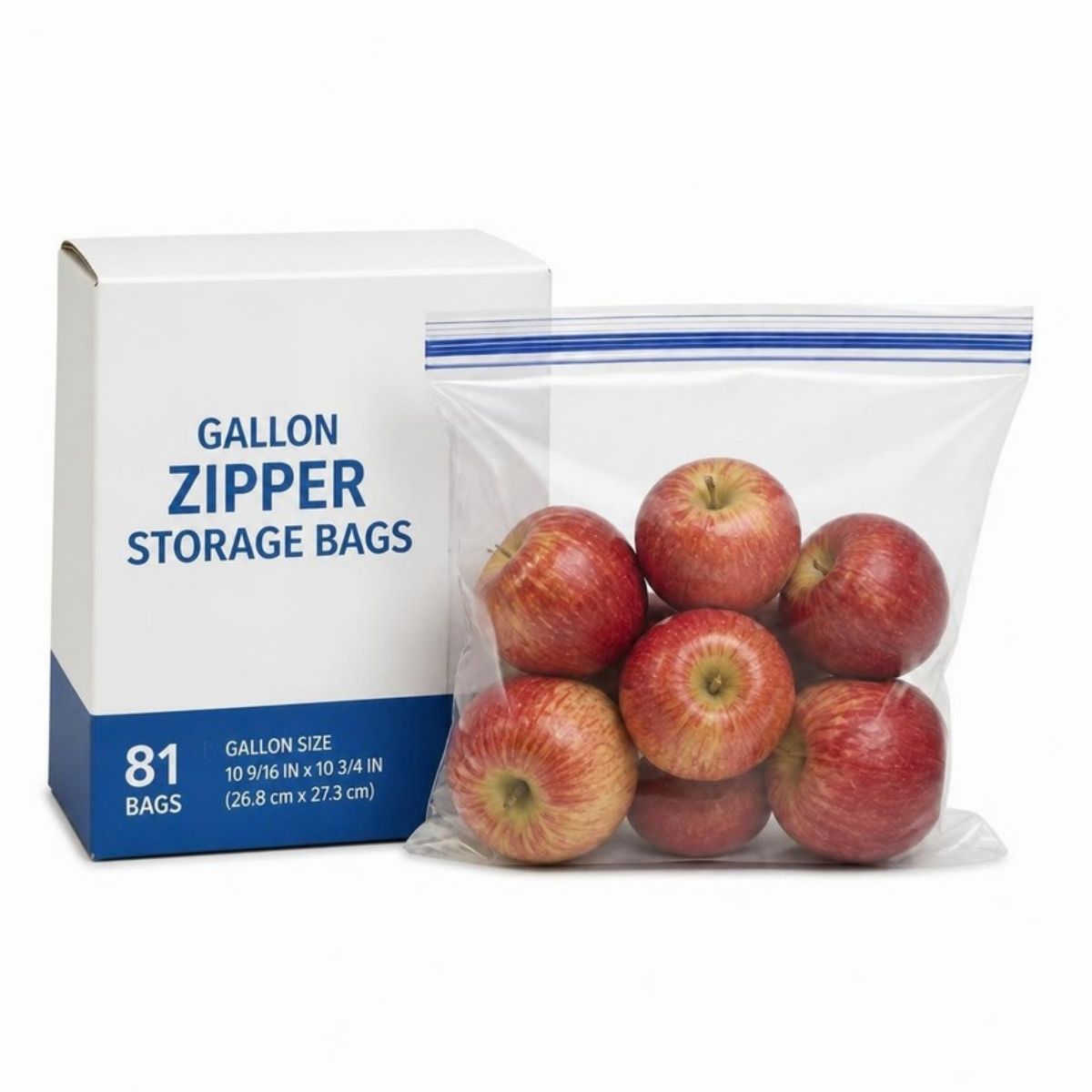 Box of 81 gallon zipper storage bags beside a clear bag of red apples