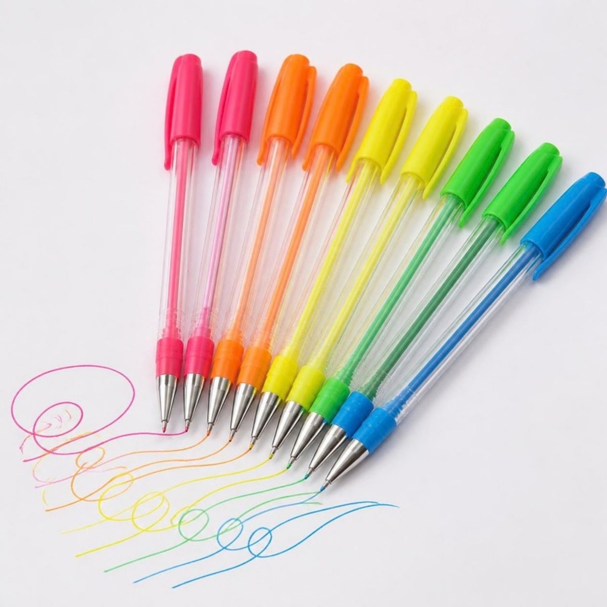 Neon pink, orange, yellow, green and blue gel pens with colorful swirls