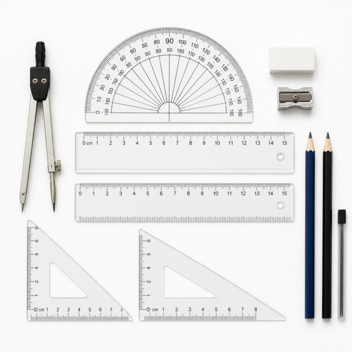 Compass, protractor, rulers, triangles and pencils laid out together