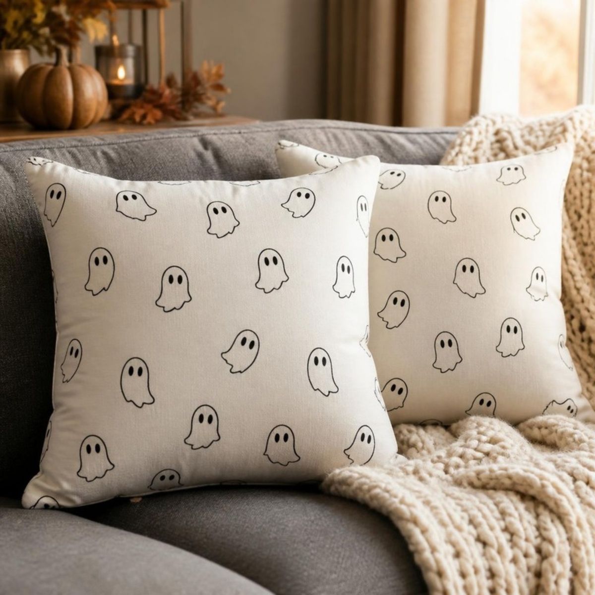 Two cream pillows printed with little ghosts on a gray sofa