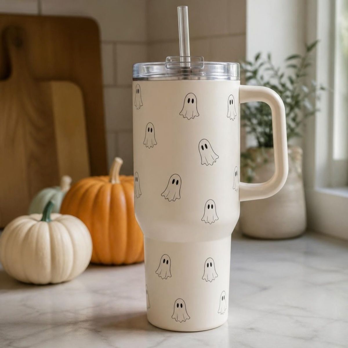 Cream tumbler with handle and straw covered in little ghost drawings