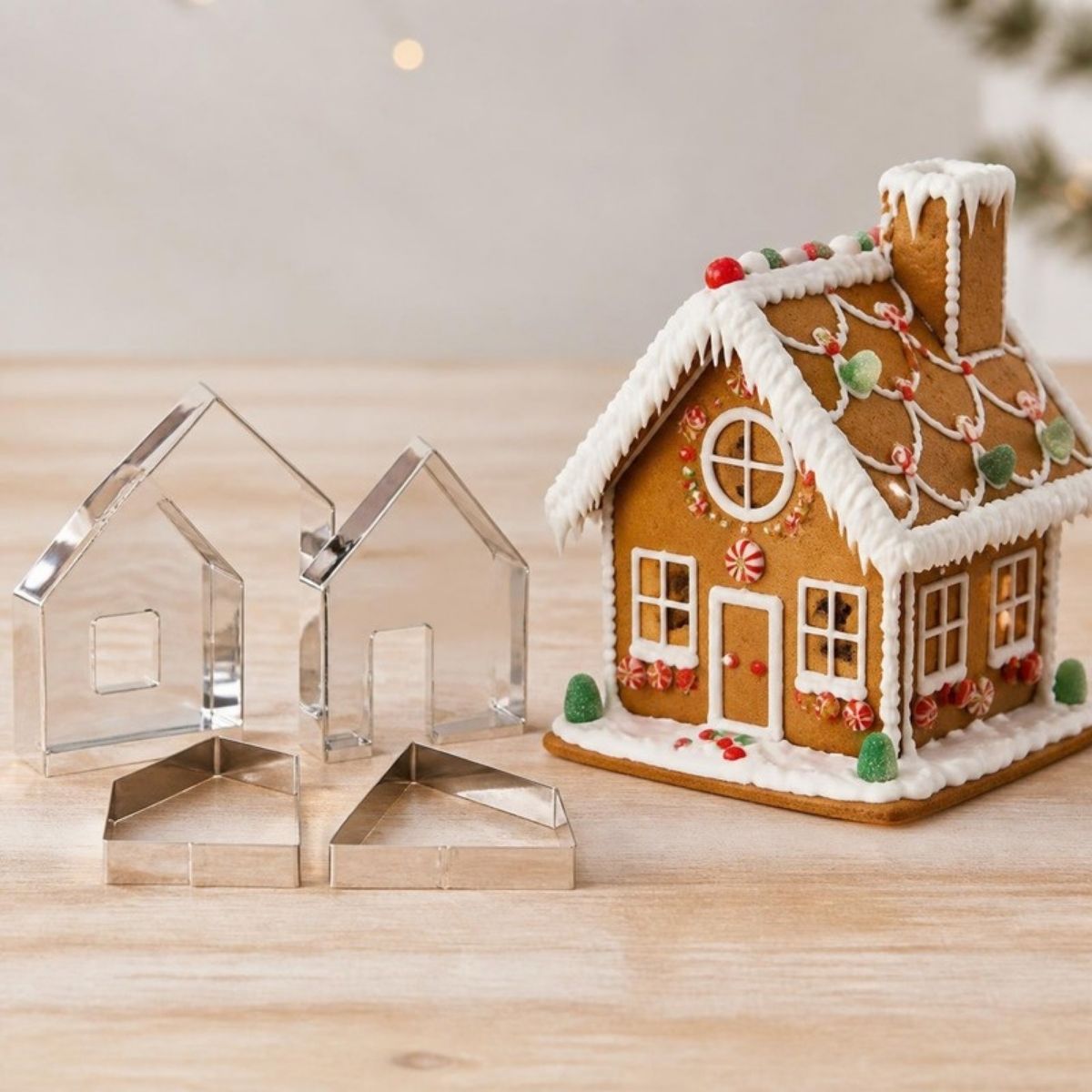 Metal gingerbread house cookie cutters with a finished gingerbread house