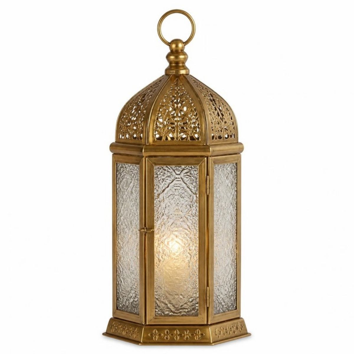 Gold metal Moroccan lantern with clear textured glass panels and a warm glow