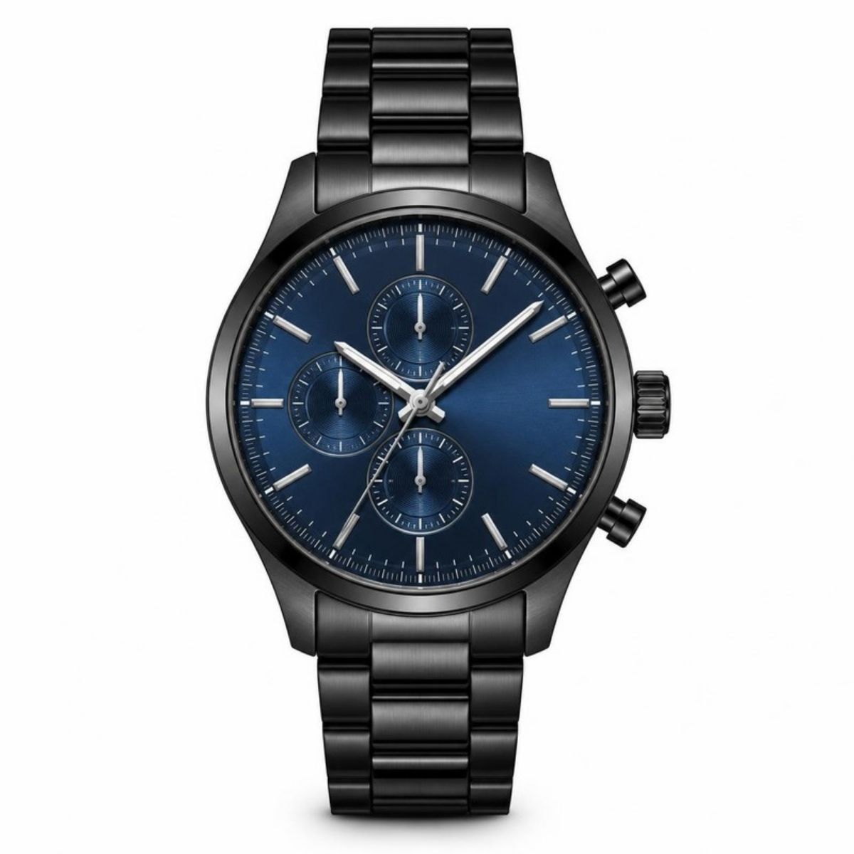 Black stainless steel watch with a blue chronograph dial