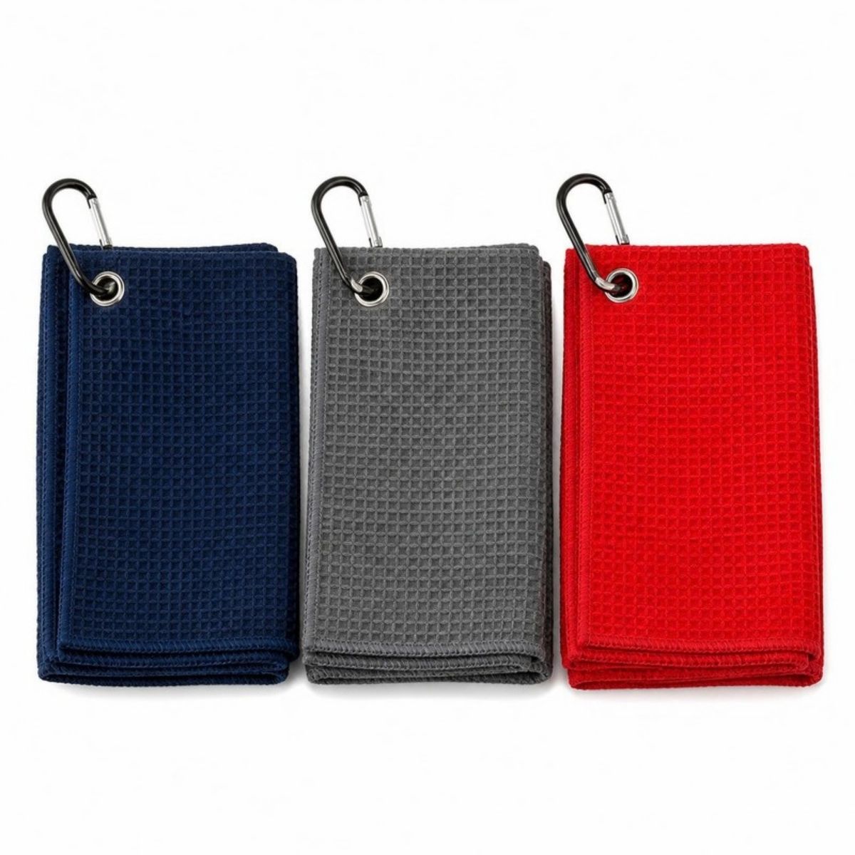Three waffle golf towels in navy, gray and red with clips