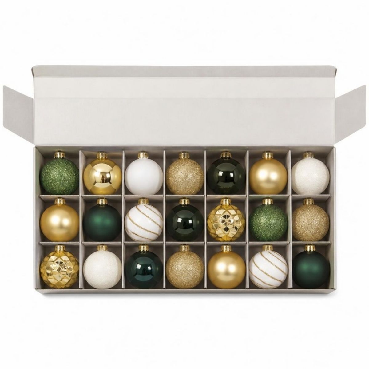Box of green, gold and white ball ornaments