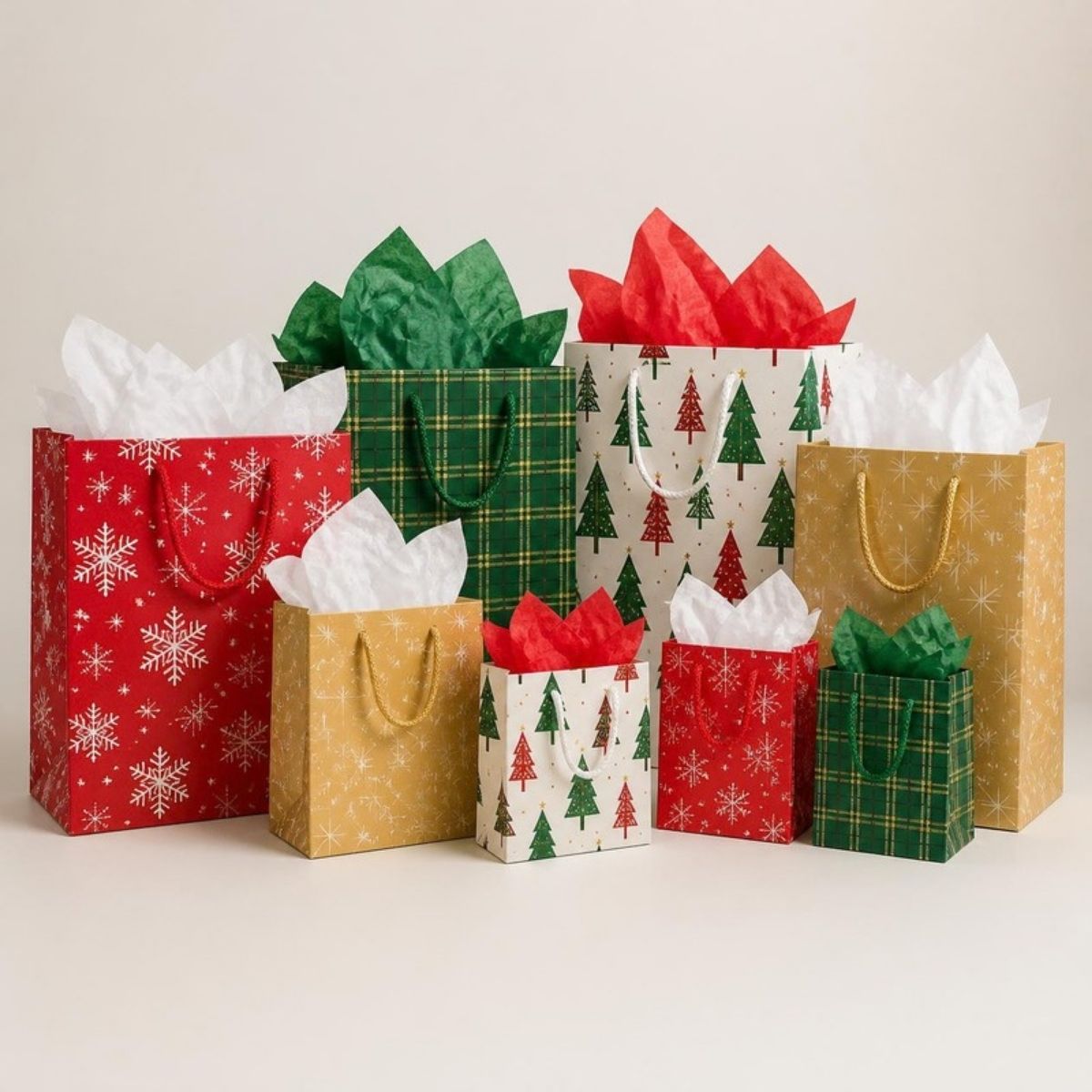 Assorted holiday gift bags in red, green plaid, gold and tree prints with tissue paper