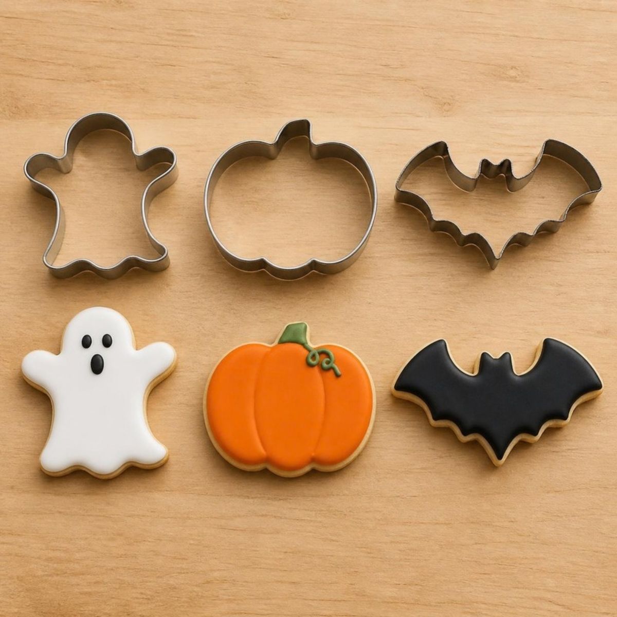 Ghost, pumpkin and bat shaped cookie cutters with cookies