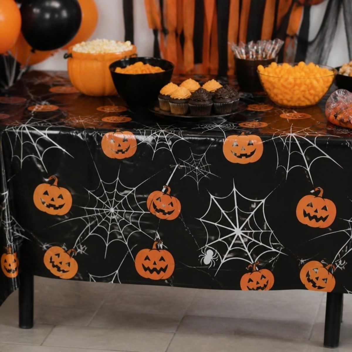 Black tablecloth with orange pumpkins and spider webs
