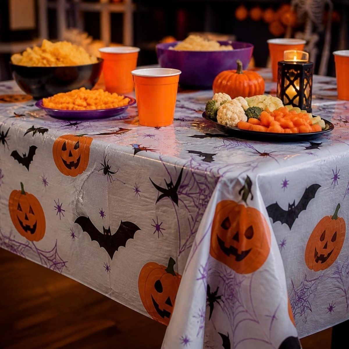 Party table covered with a jack o' lantern and bat print tablecloth