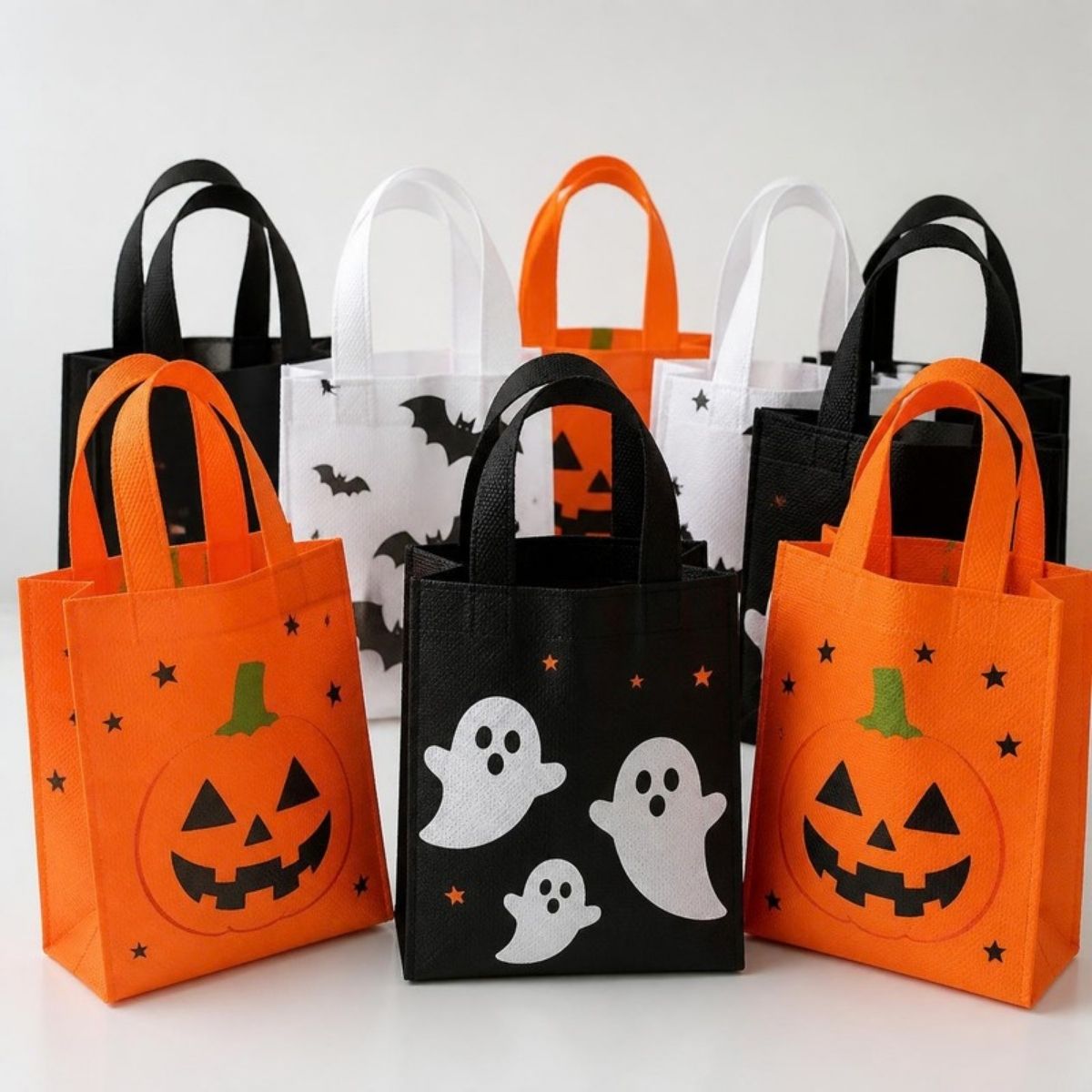 Small tote bags in orange, black and white with pumpkins, ghosts and bats