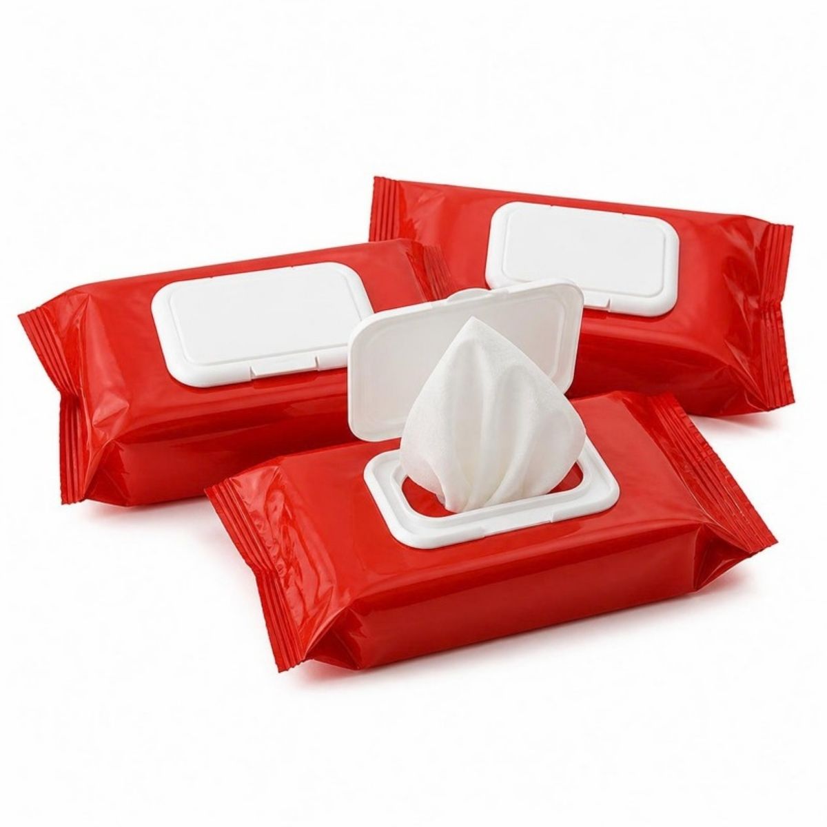Three red travel packs of hand sanitizer wipes