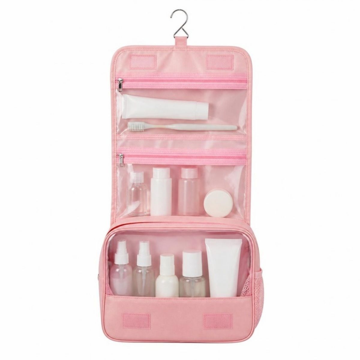 Pink hanging toiletry bag with a hook and clear pockets