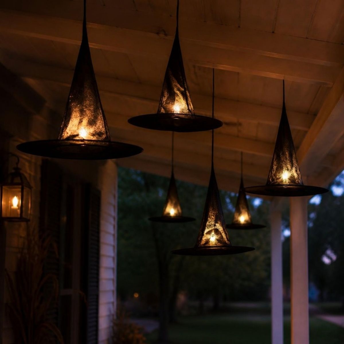 Lighted black witch hats hanging from a porch ceiling