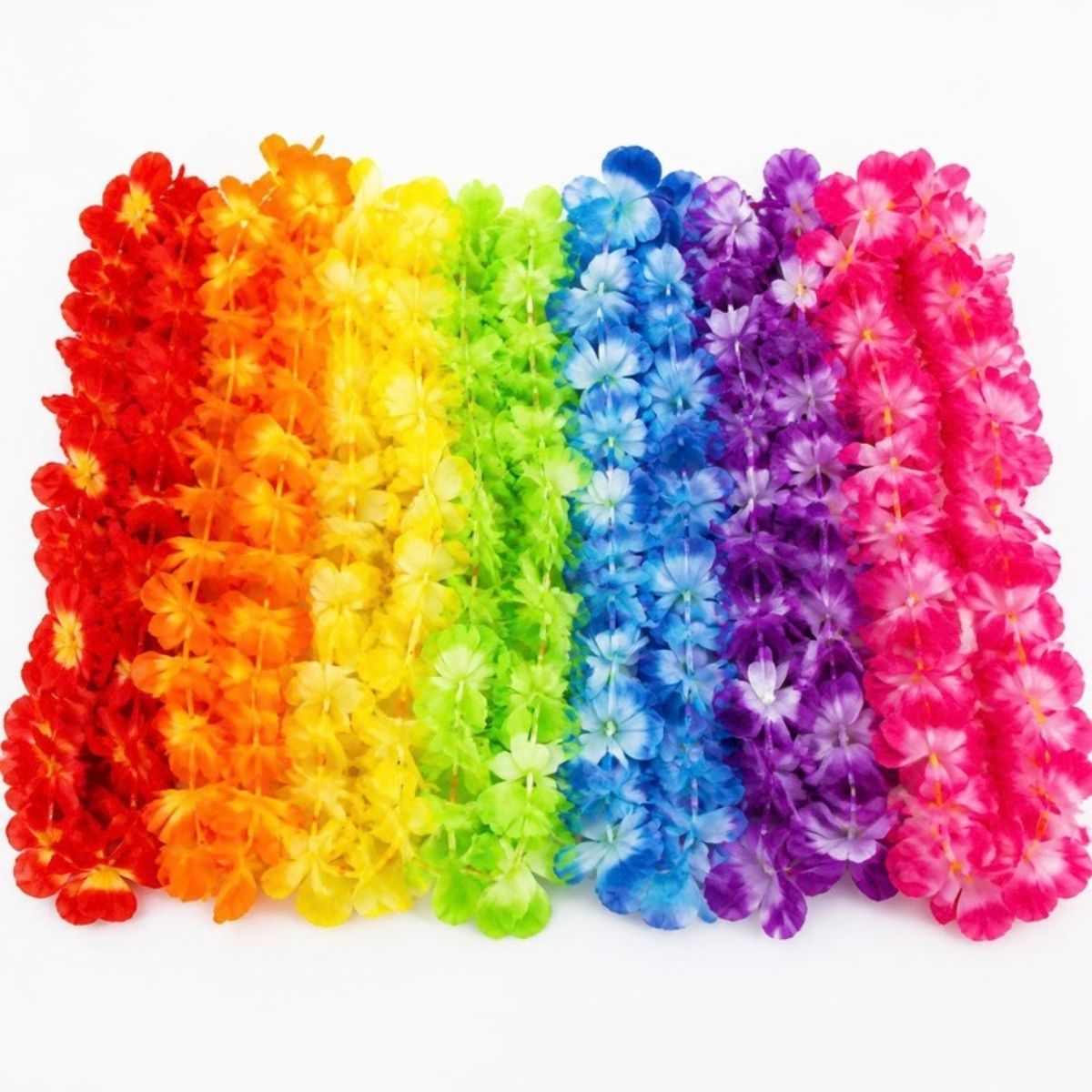 Flower leis in red, orange, yellow, green, blue, purple and pink