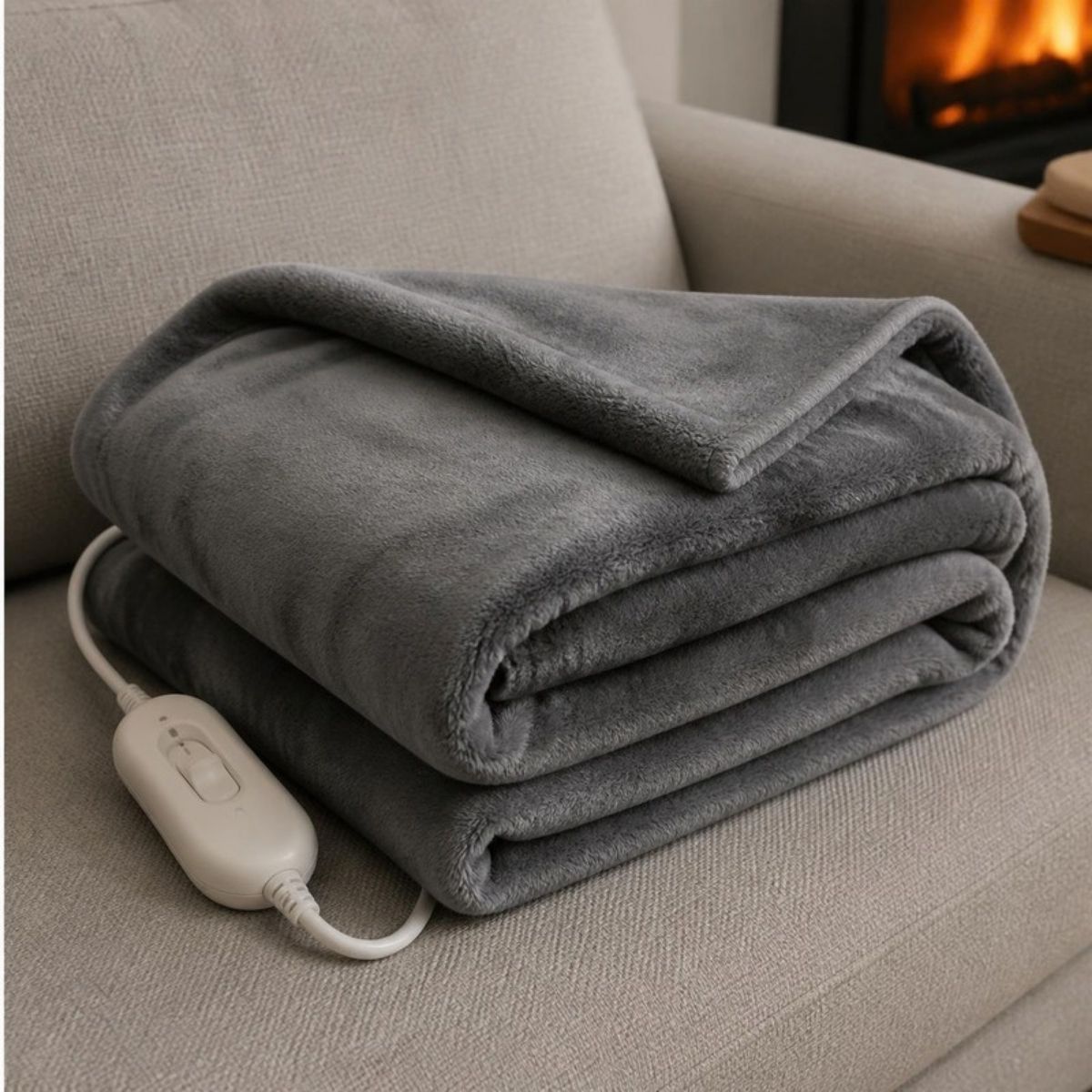 Gray heated throw blanket with a white controller