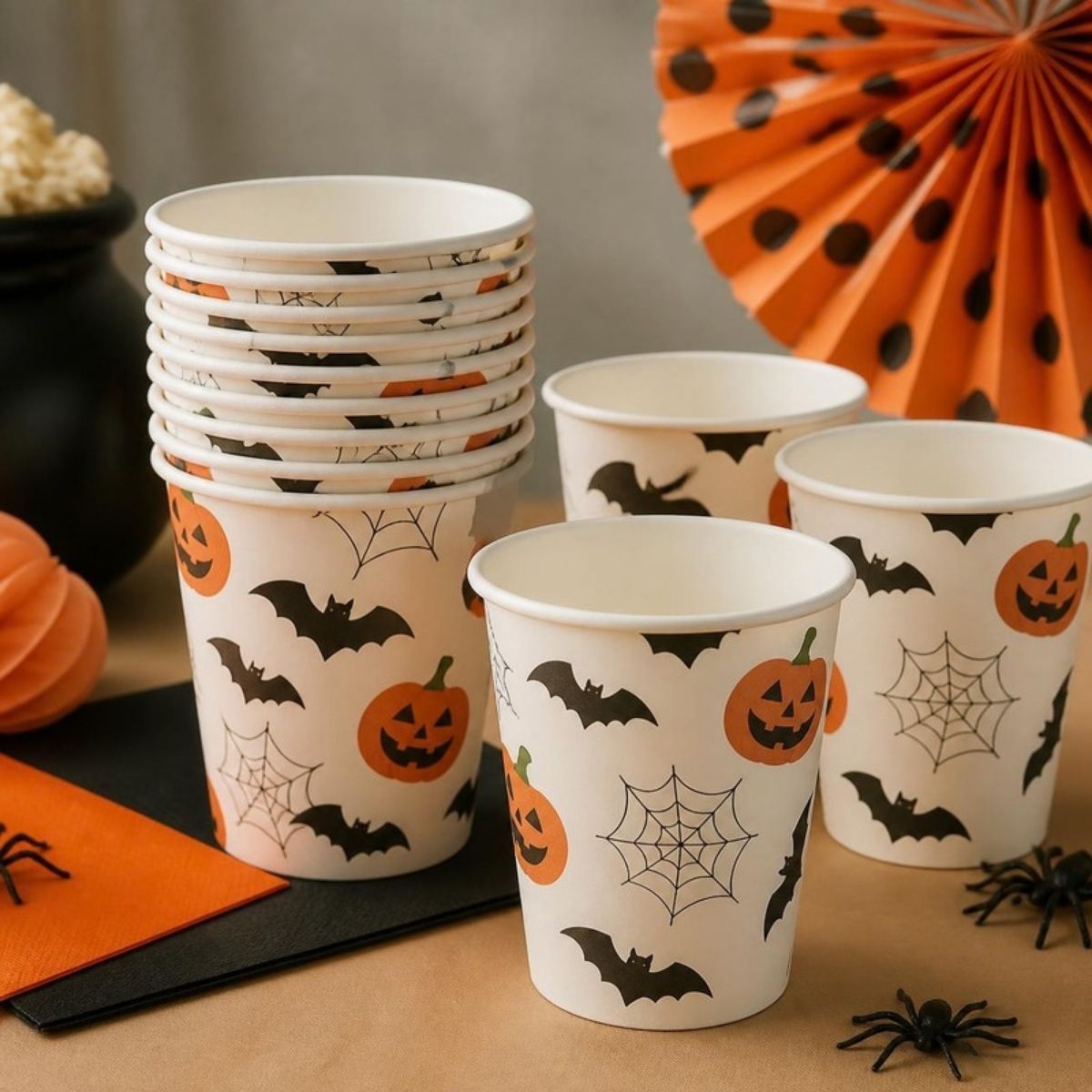 Stack of paper party cups printed with jack o' lanterns, bats and spider webs