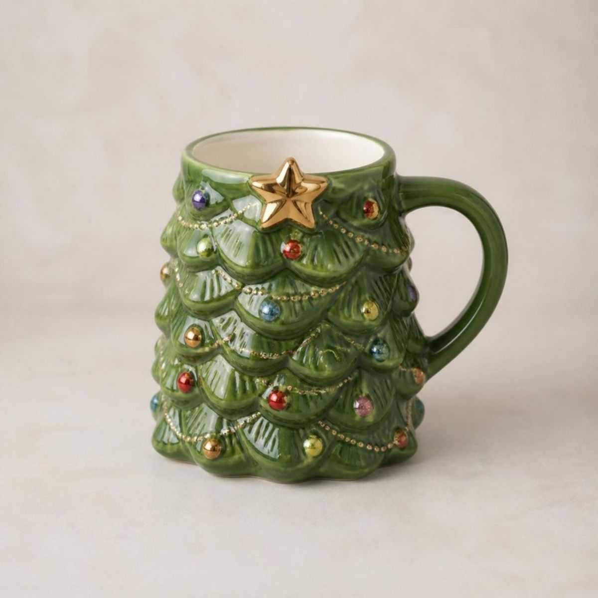 Green 3D Christmas tree mug with colorful ornaments and a gold star